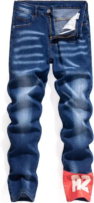 Men's Biker Jeans Pants Printed Straight Slim Denim Regular Casual Designer Fit (US, Waist Inseam, 30, 31, Blue)