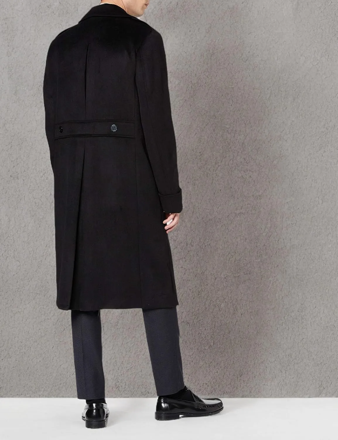 Mens Black Overcoat Wool & Cashmere Great Coat Long Double Breasted Heavy Warm Winter