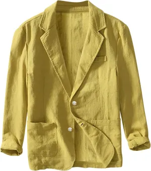 Mens Blazer Casual Cotton-Linen Sport Coat Solid Color Lapel Collar Lightweight 2 Button Unlined Work Suit Jackets