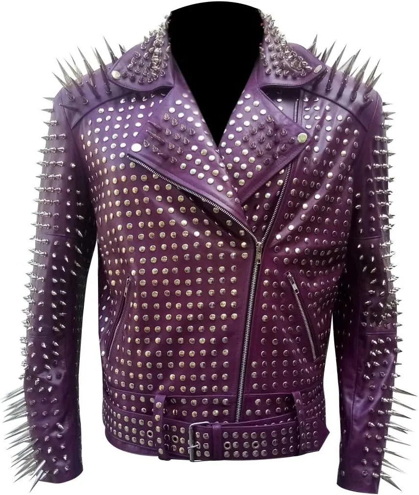 Men,s Brando Motorcycle Jacket - Studded Spikes Punk Rock Multicolor Cowhide Leather Biker Jackets
