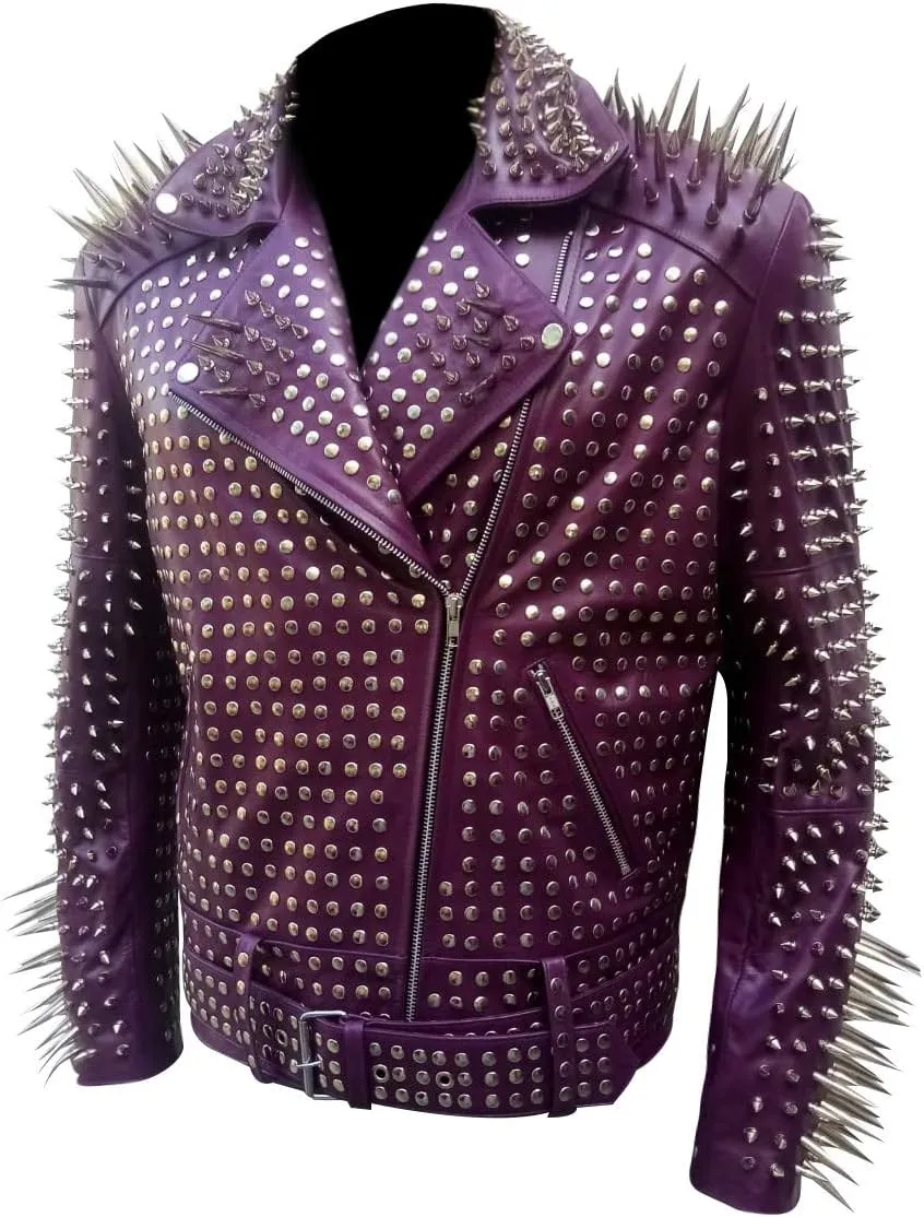 Men,s Brando Motorcycle Jacket - Studded Spikes Punk Rock Multicolor Cowhide Leather Biker Jackets