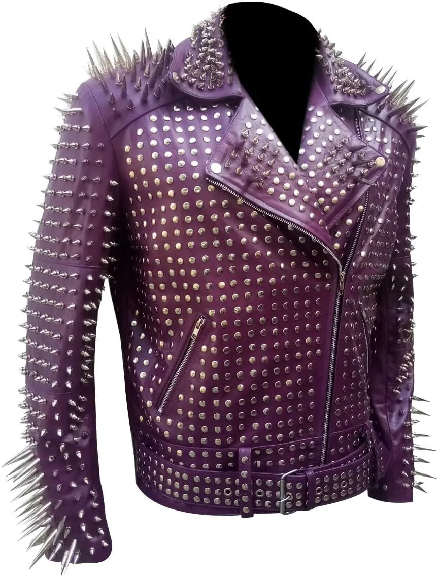Men,s Brando Motorcycle Jacket - Studded Spikes Punk Rock Multicolor Cowhide Leather Biker Jackets