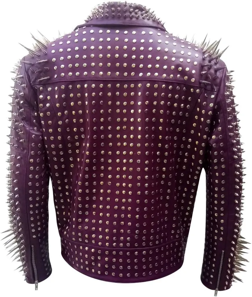 Men,s Brando Motorcycle Jacket - Studded Spikes Punk Rock Multicolor Cowhide Leather Biker Jackets