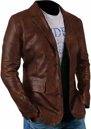 Men's Chocolate Brown Lambskin Distressed Blazer Coat | Men's Slim Fit Two Button Leather Jacket