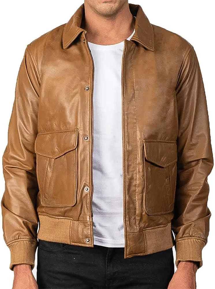 Men's Classic A2 Aviator WWII Flying Tiger Leather Jacket - Pilot Bomber Leather Jacket With Shirt Collar For Men