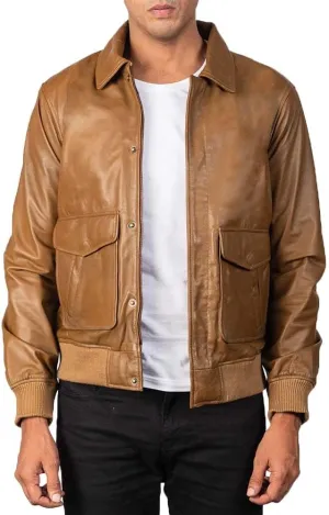 Men's Classic A2 Aviator WWII Flying Tiger Leather Jacket - Pilot Bomber Leather Jacket With Shirt Collar For Men