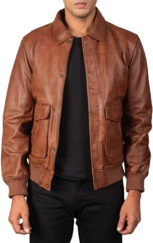 Men's Classic A2 Aviator WWII Flying Tiger Leather Jacket - Pilot Bomber Leather Jacket With Shirt Collar For Men