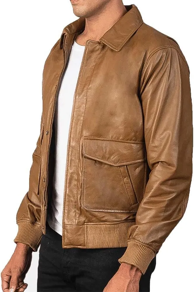Men's Classic A2 Aviator WWII Flying Tiger Leather Jacket - Pilot Bomber Leather Jacket With Shirt Collar For Men