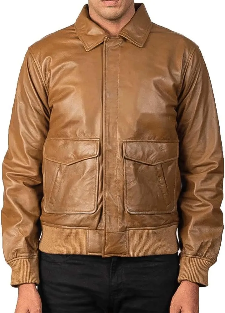 Men's Classic A2 Aviator WWII Flying Tiger Leather Jacket - Pilot Bomber Leather Jacket With Shirt Collar For Men