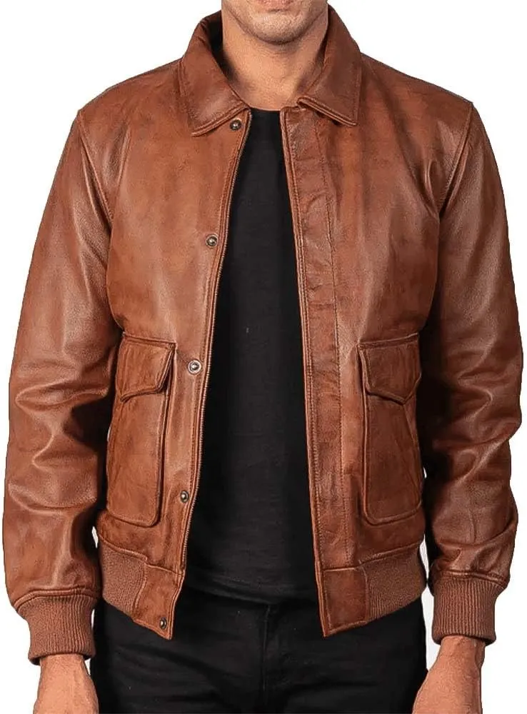 Men's Classic A2 Aviator WWII Flying Tiger Leather Jacket - Pilot Bomber Leather Jacket With Shirt Collar For Men