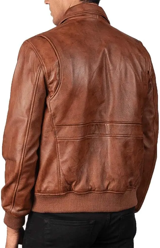 Men's Classic A2 Aviator WWII Flying Tiger Leather Jacket - Pilot Bomber Leather Jacket With Shirt Collar For Men