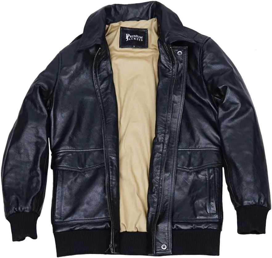Men's Classic A2 Aviator WWII Flying Tiger Leather Jacket - Pilot Bomber Leather Jacket With Shirt Collar For Men