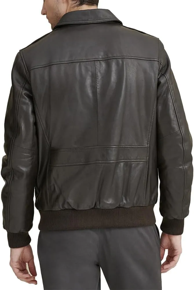 Men's Classic A2 Aviator WWII Flying Tiger Leather Jacket - Pilot Bomber Leather Jacket With Shirt Collar For Men