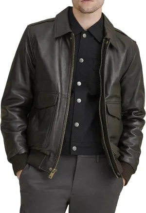 Men's Classic A2 Aviator WWII Flying Tiger Leather Jacket - Pilot Bomber Leather Jacket With Shirt Collar For Men