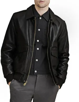 Men's Classic A2 Aviator WWII Flying Tiger Leather Jacket - Pilot Bomber Leather Jacket With Shirt Collar For Men