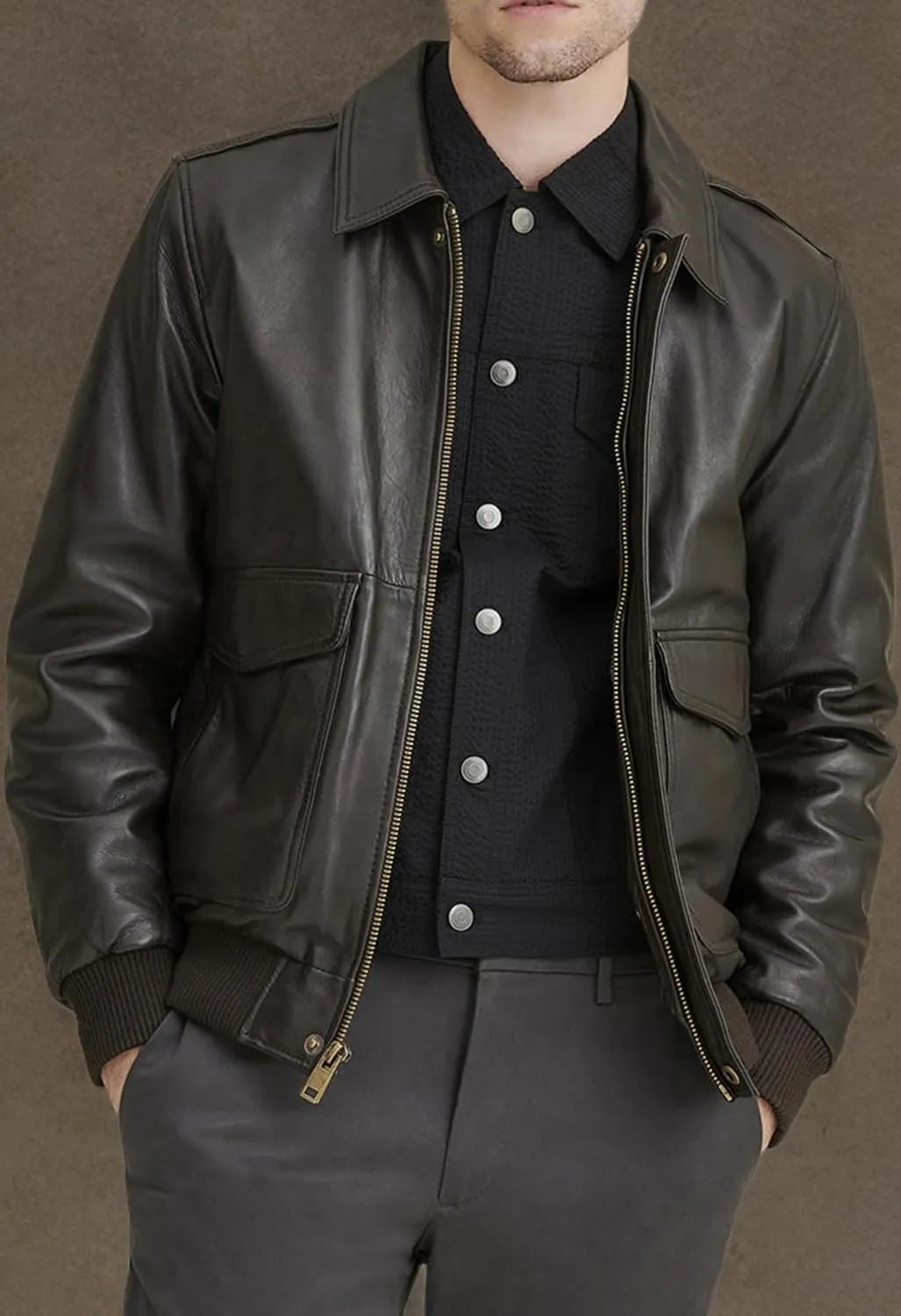 Men's Classic A2 Aviator WWII Flying Tiger Leather Jacket - Pilot Bomber Leather Jacket With Shirt Collar For Men