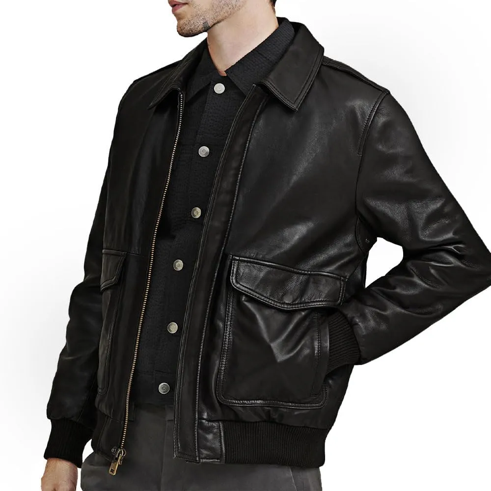 Men's Classic A2 Aviator WWII Flying Tiger Leather Jacket - Pilot Bomber Leather Jacket With Shirt Collar For Men