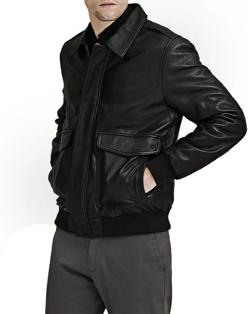 Men's Classic A2 Aviator WWII Flying Tiger Leather Jacket - Pilot Bomber Leather Jacket With Shirt Collar For Men
