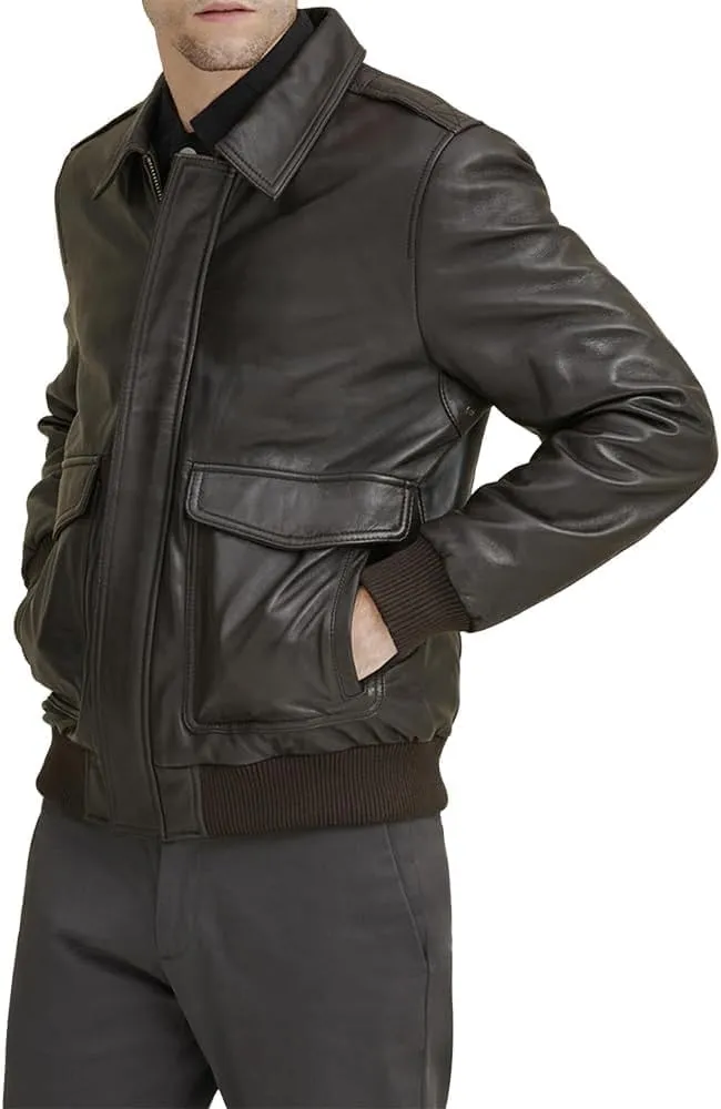 Men's Classic A2 Aviator WWII Flying Tiger Leather Jacket - Pilot Bomber Leather Jacket With Shirt Collar For Men