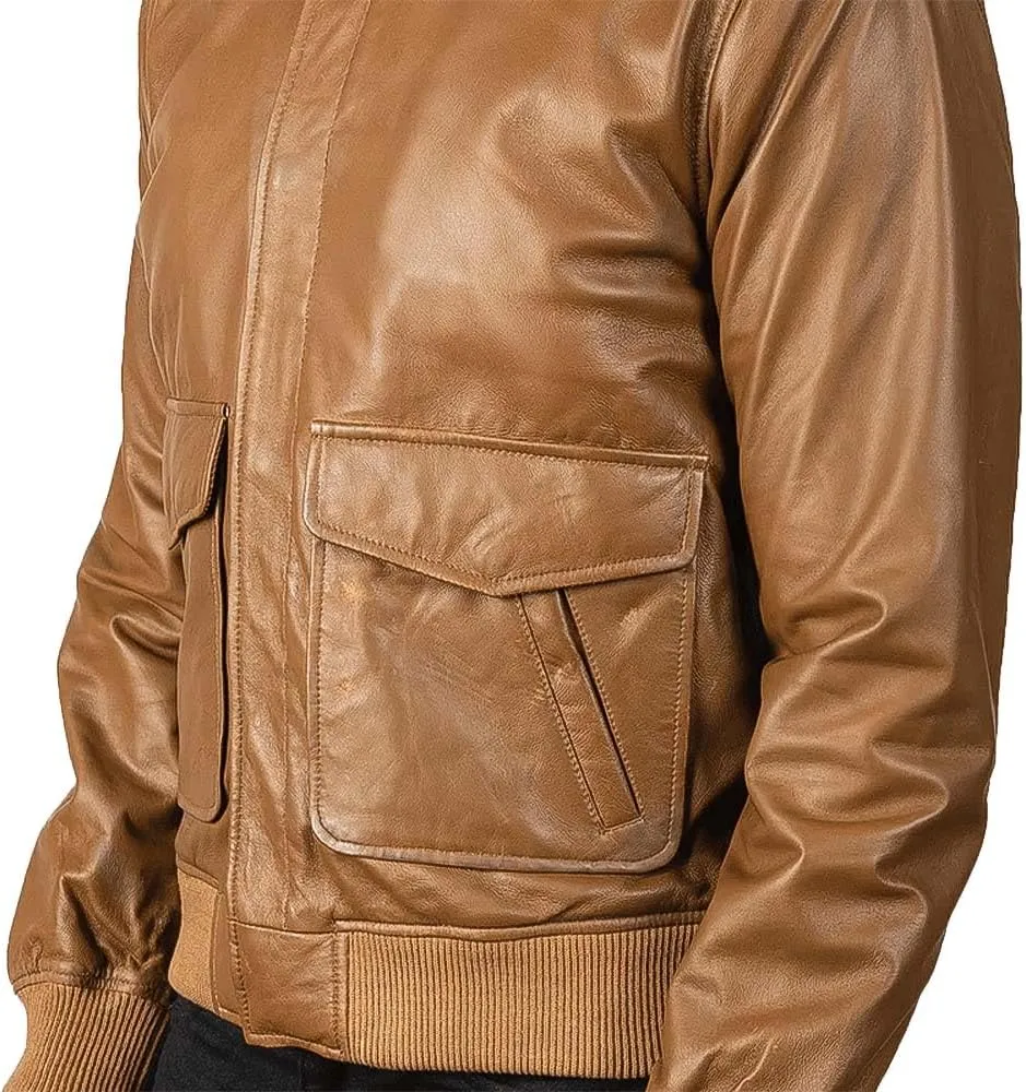 Men's Classic A2 Aviator WWII Flying Tiger Leather Jacket - Pilot Bomber Leather Jacket With Shirt Collar For Men