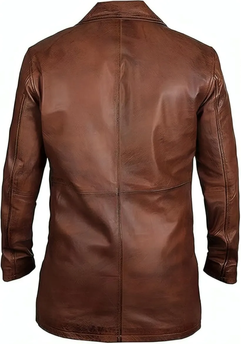 Mens Classic Button-Up Genuine Lambskin Leather 3/4 Lenght Car Coat Jacket