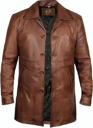 Mens Classic Button-Up Genuine Lambskin Leather 3/4 Lenght Car Coat Jacket