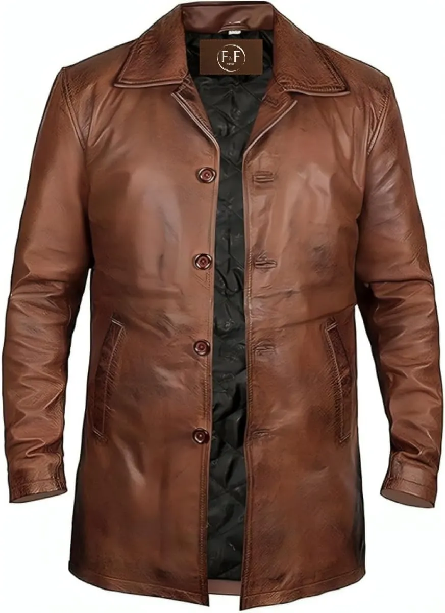 Mens Classic Button-Up Genuine Lambskin Leather 3/4 Lenght Car Coat Jacket