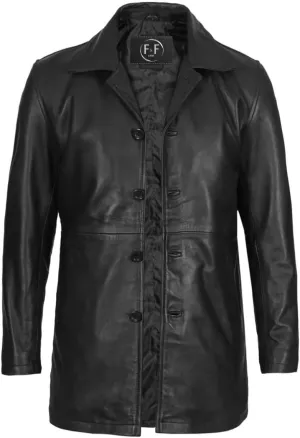 Mens Classic Button-Up Genuine Lambskin Leather 3/4 Lenght Car Coat Jacket