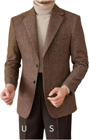 Men's Classic Wool Blazer Tweed 2-Button Single Breasted Sport Coat