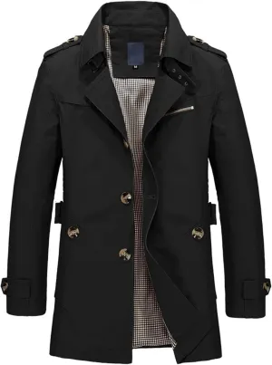 Men's Classy Trench Coat Long Sleeve Lightweight Topcoat Vintage Fall Top Collared Single Breasted Slim Fit Jacket