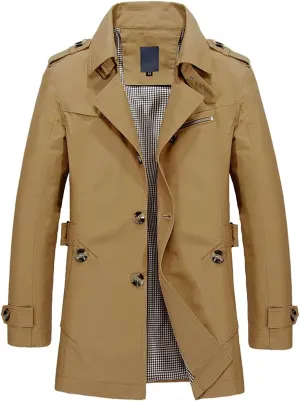 Men's Classy Trench Coat Long Sleeve Lightweight Topcoat Vintage Fall Top Collared Single Breasted Slim Fit Jacket