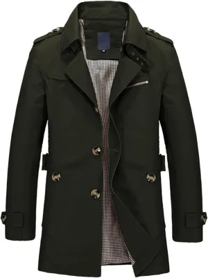 Men's Classy Trench Coat Long Sleeve Lightweight Topcoat Vintage Fall Top Collared Single Breasted Slim Fit Jacket