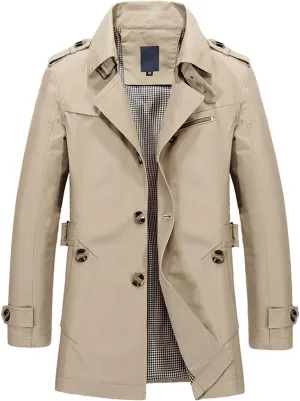 Men's Classy Trench Coat Long Sleeve Lightweight Topcoat Vintage Fall Top Collared Single Breasted Slim Fit Jacket
