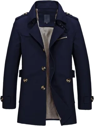 Men's Classy Trench Coat Long Sleeve Lightweight Topcoat Vintage Fall Top Collared Single Breasted Slim Fit Jacket