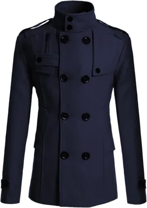 Men's Double Breasted Pea Coat Stylish Casual Wool Blend Trench Coats Slim Fit Lapel Business Jacket Outerwear