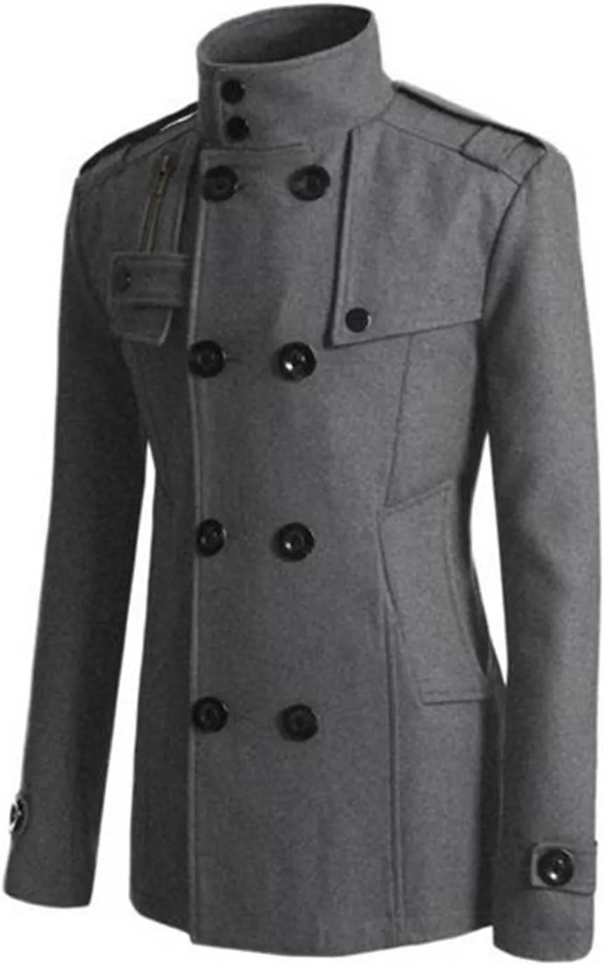 Men's Double Breasted Pea Coat Stylish Casual Wool Blend Trench Coats Slim Fit Lapel Business Jacket Outerwear