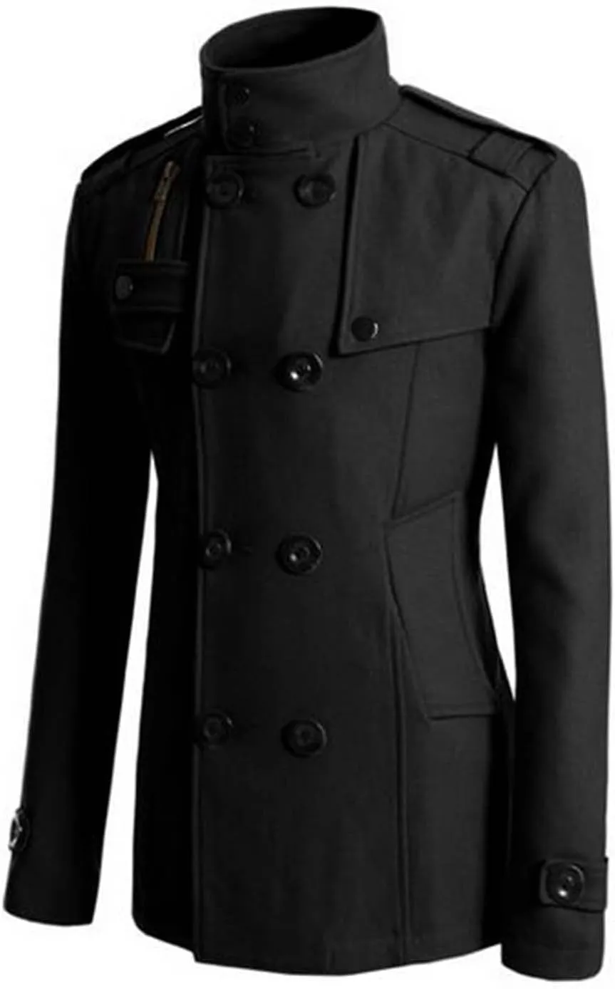 Men's Double Breasted Pea Coat Stylish Casual Wool Blend Trench Coats Slim Fit Lapel Business Jacket Outerwear