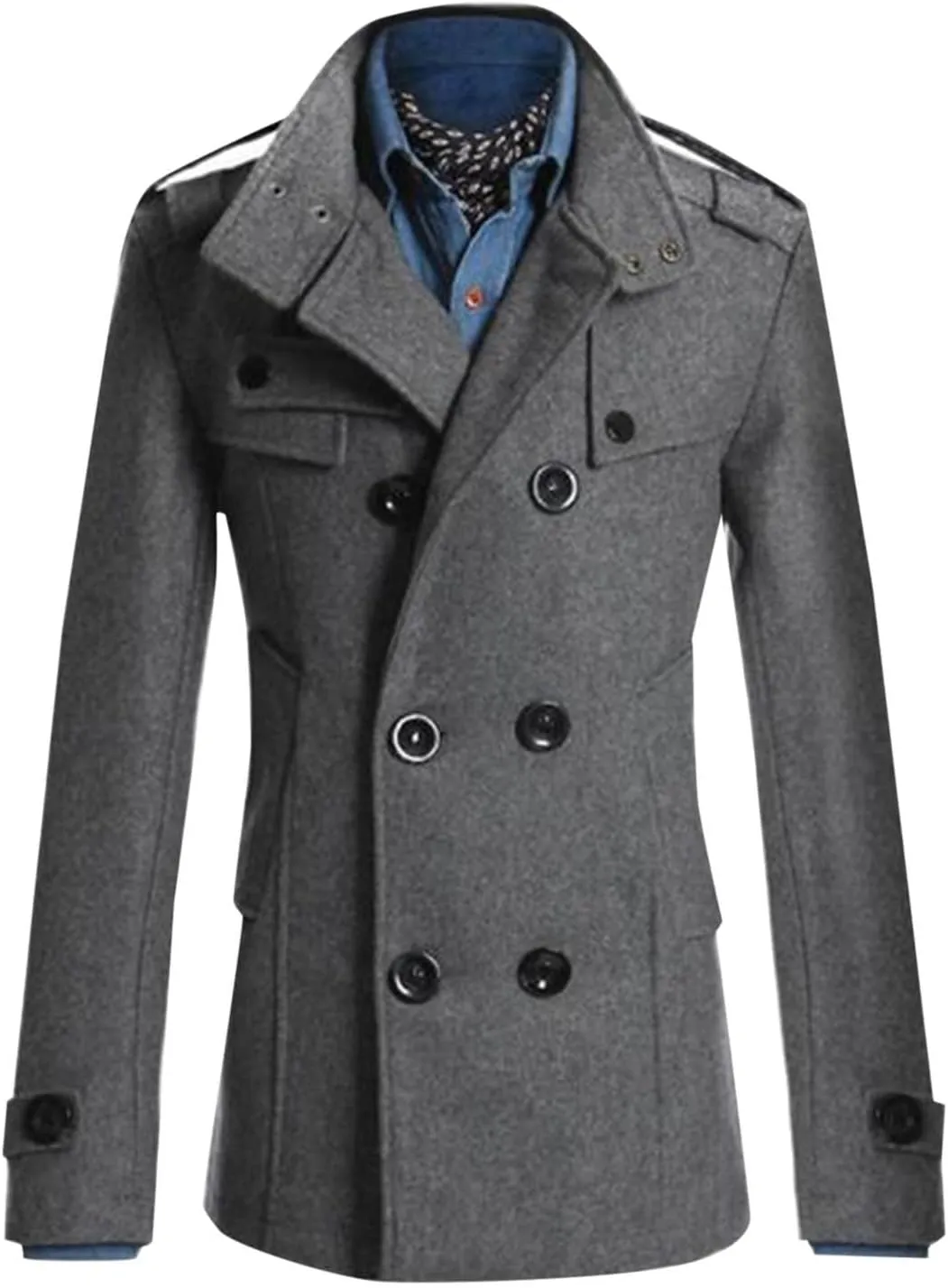 Men's Double Breasted Pea Coat Stylish Casual Wool Blend Trench Coats Slim Fit Lapel Business Jacket Outerwear