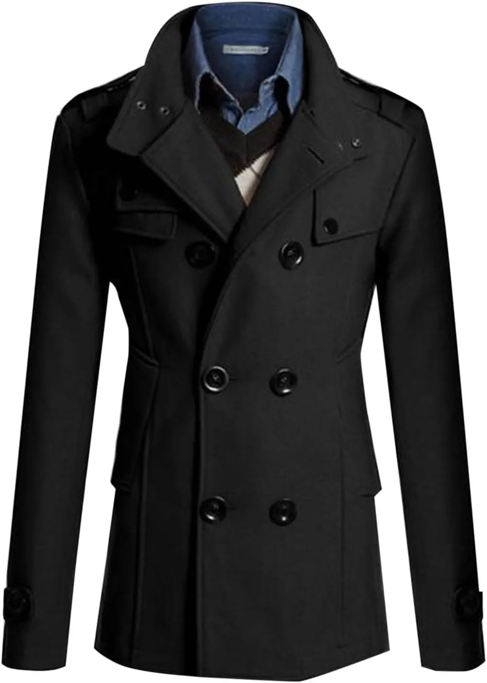 Men's Double Breasted Pea Coat Stylish Casual Wool Blend Trench Coats Slim Fit Lapel Business Jacket Outerwear