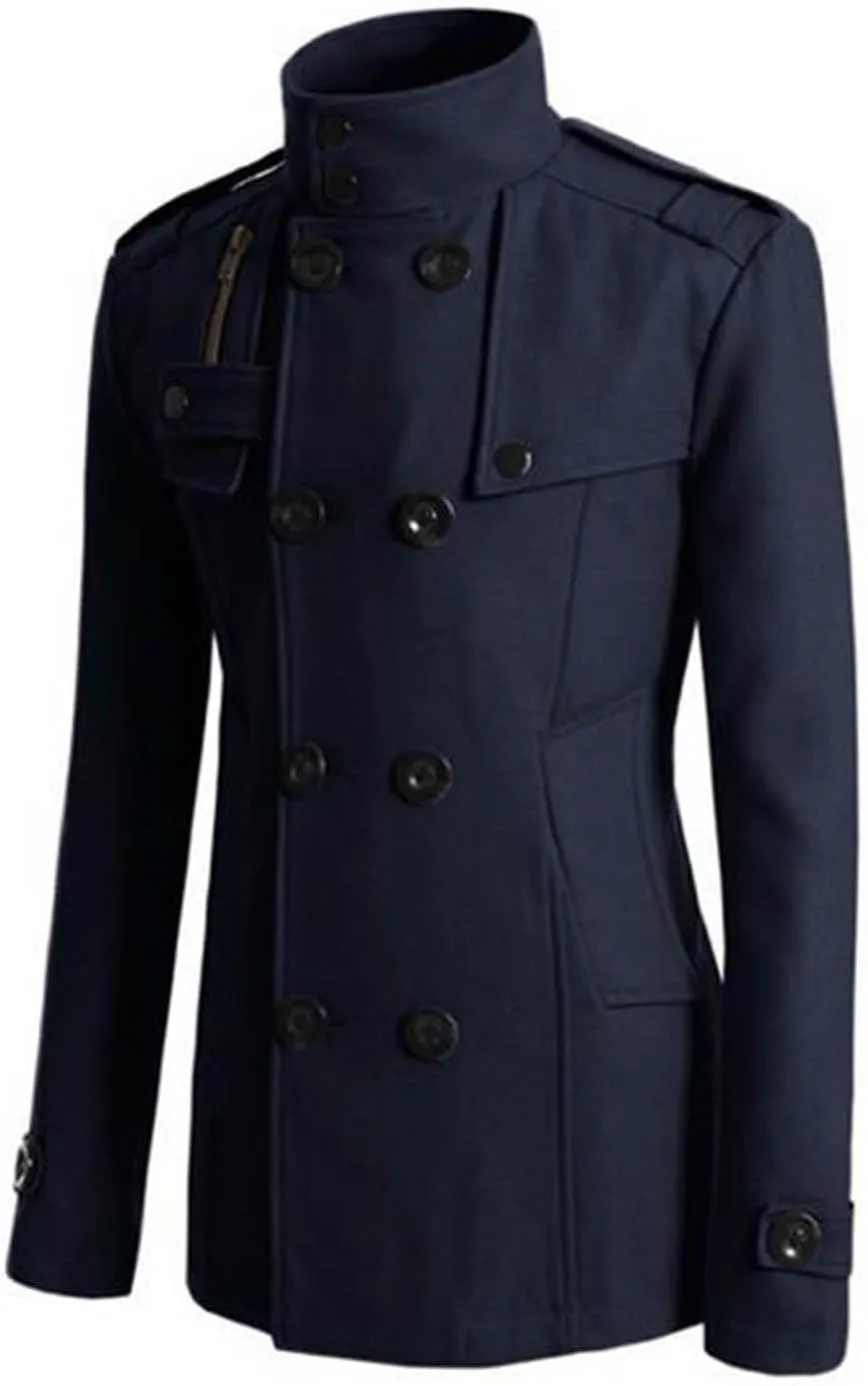 Men's Double Breasted Pea Coat Stylish Casual Wool Blend Trench Coats Slim Fit Lapel Business Jacket Outerwear