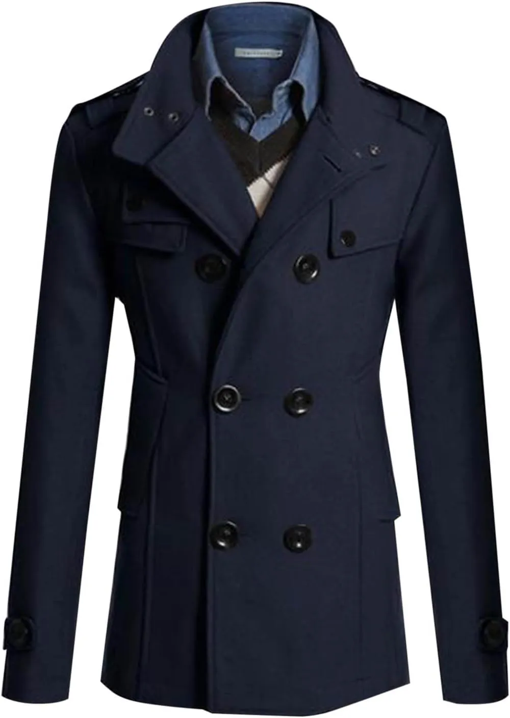 Men's Double Breasted Pea Coat Stylish Casual Wool Blend Trench Coats Slim Fit Lapel Business Jacket Outerwear