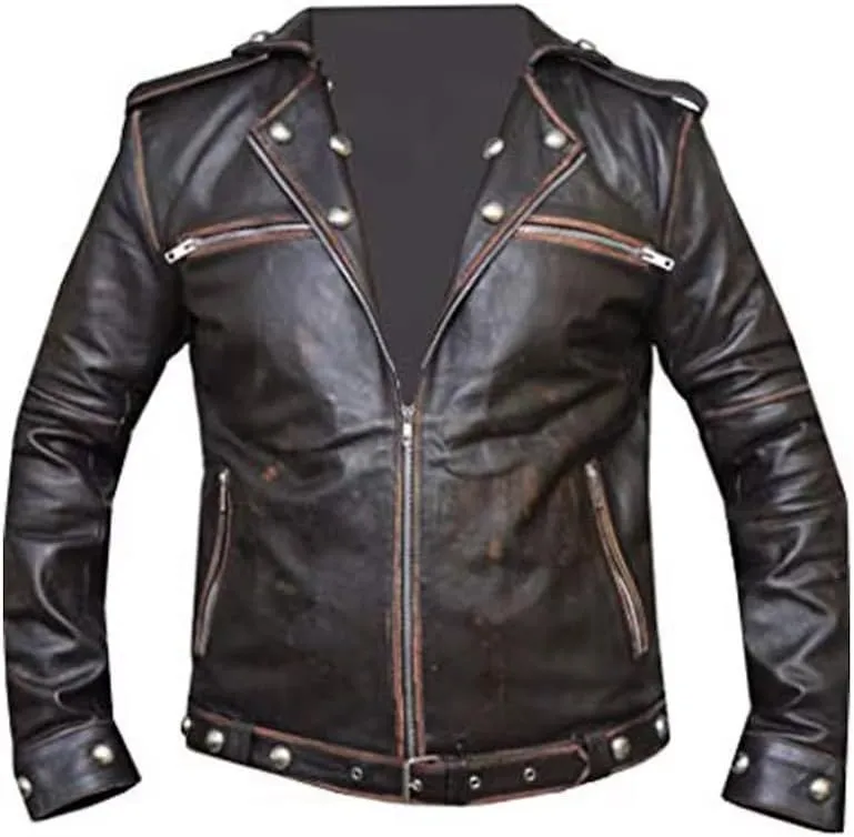 Men's Fall 3 Out Tunnel Snakes Patch Rule Genuine Leather Distressed Brown Biker Motorcycle Leather Jacket