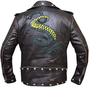 Men's Fall 3 Out Tunnel Snakes Patch Rule Genuine Leather Distressed Brown Biker Motorcycle Leather Jacket