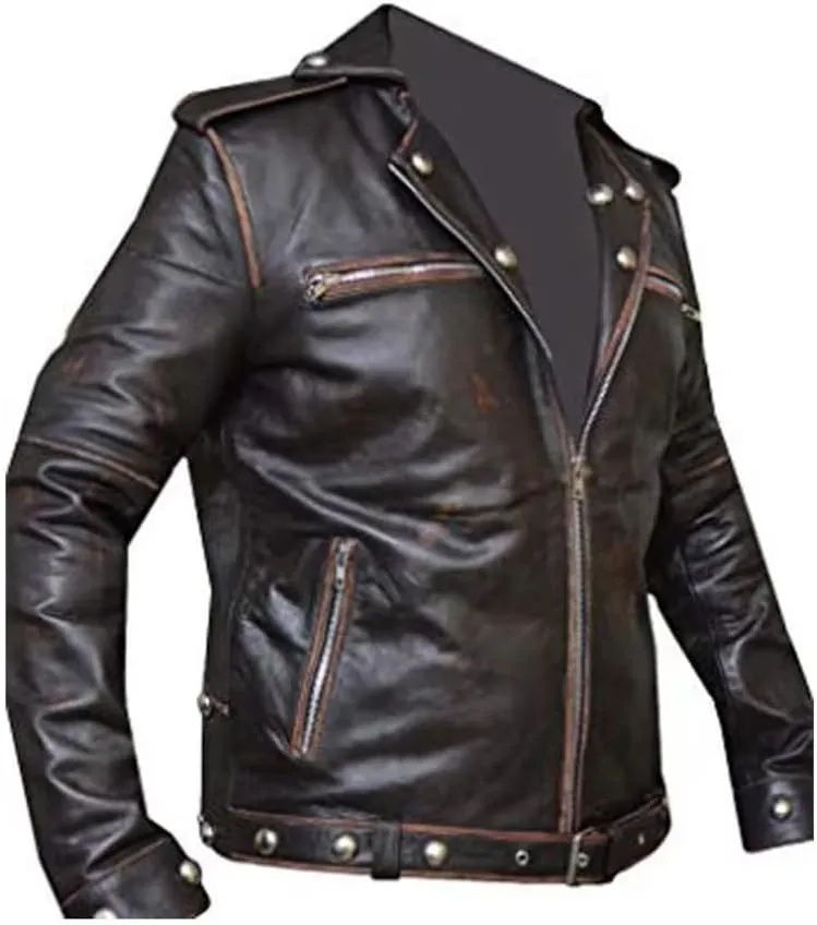 Men's Fall 3 Out Tunnel Snakes Patch Rule Genuine Leather Distressed Brown Biker Motorcycle Leather Jacket