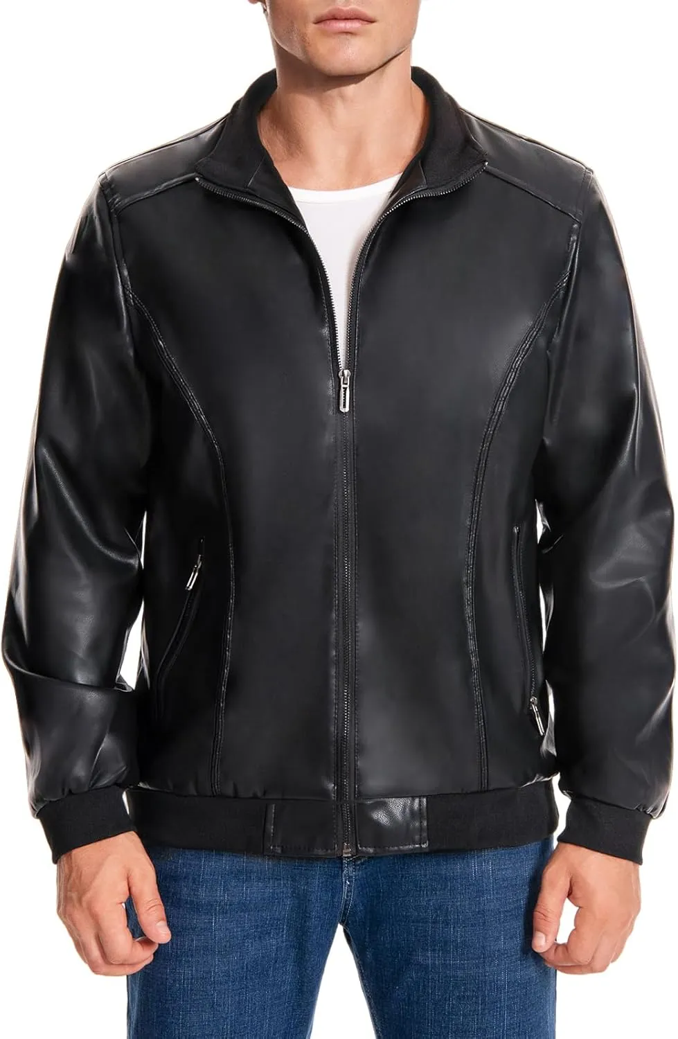 Mens Faux Leather Jacket Full-Zip Stand Collar Outerwear Lightweight Motorcycle Jacket