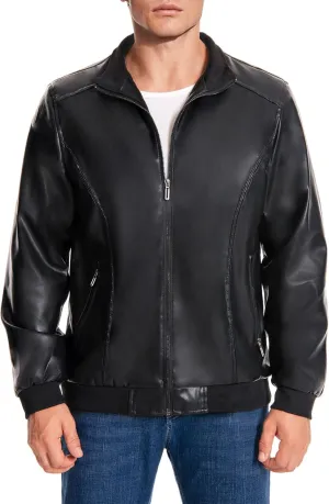 Mens Faux Leather Jacket Full-Zip Stand Collar Outerwear Lightweight Motorcycle Jacket