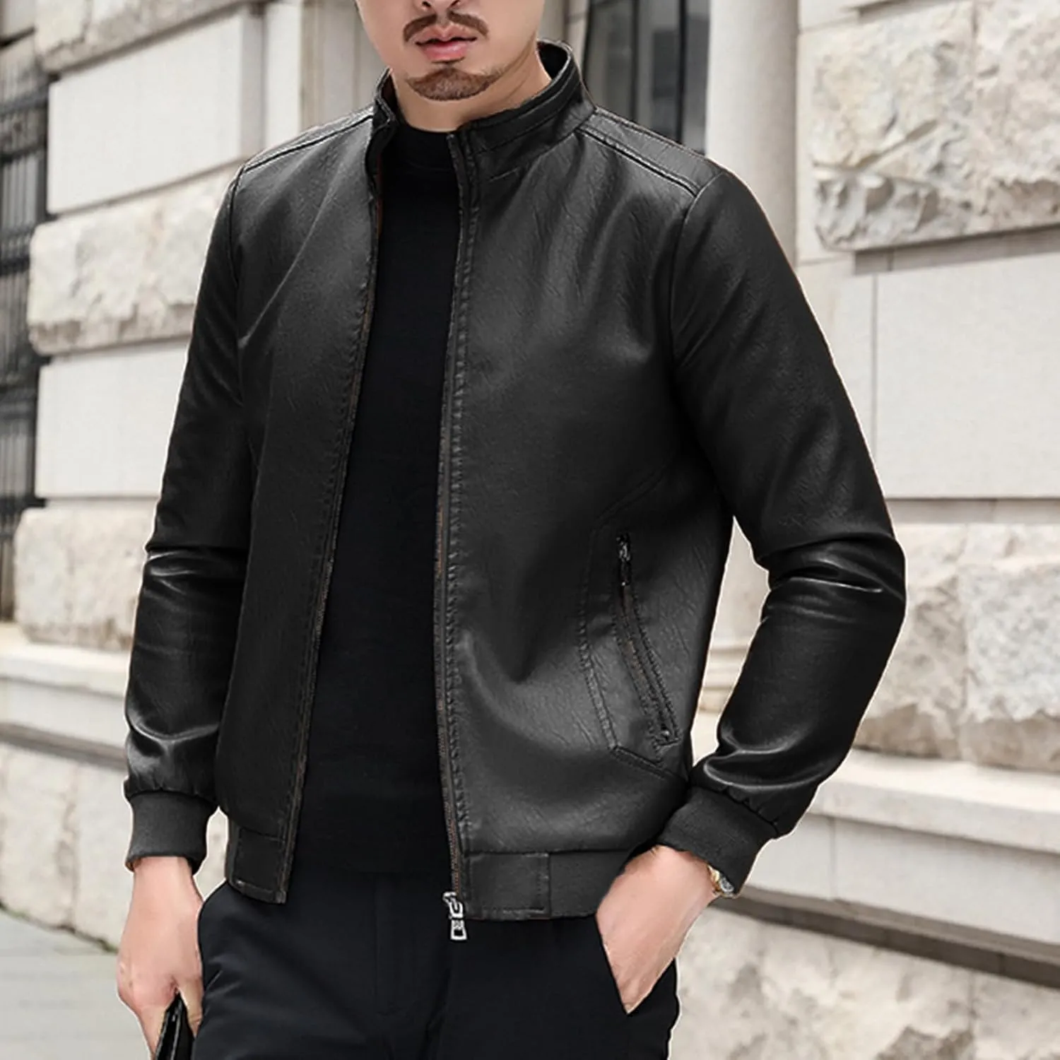 Mens Faux Leather Jacket Full-Zip Stand Collar Outerwear Lightweight Motorcycle Jacket