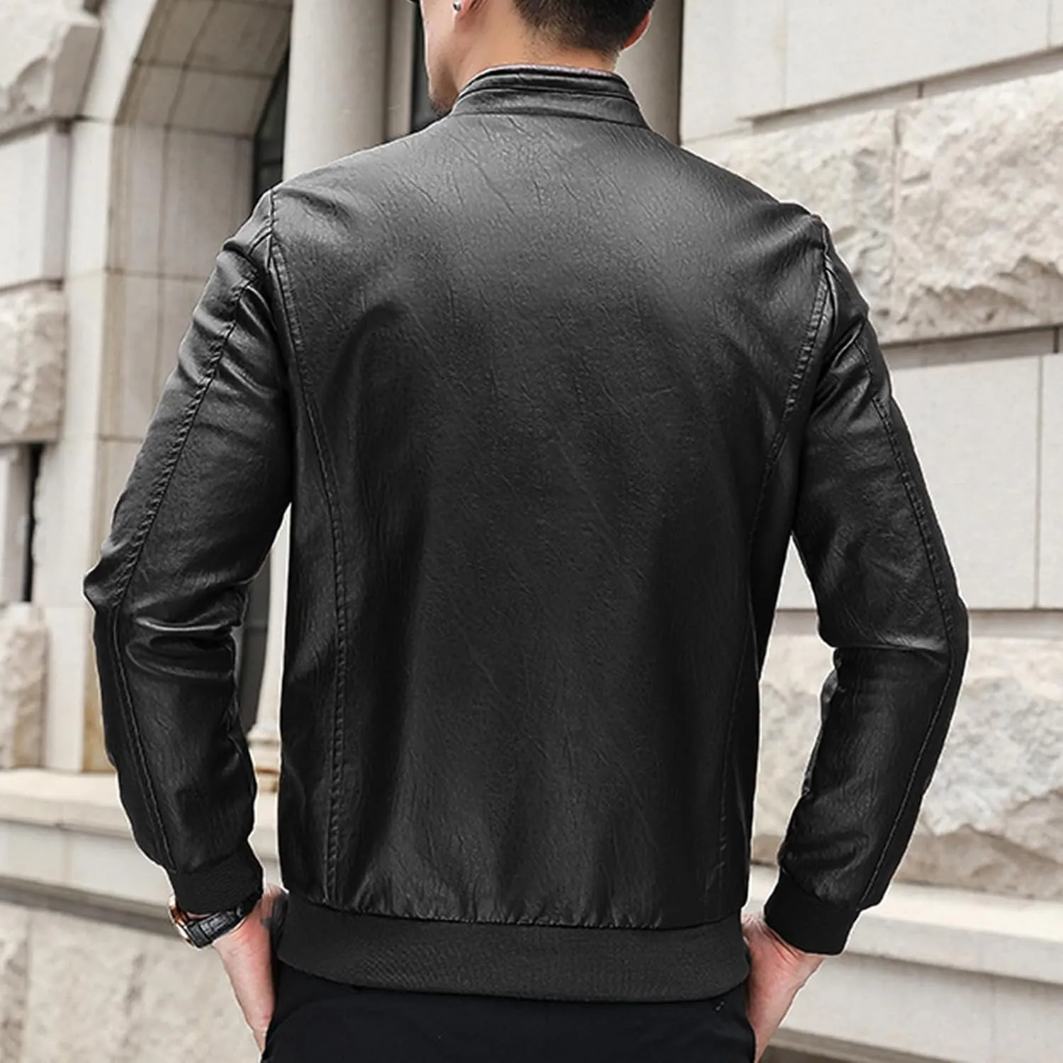 Mens Faux Leather Jacket Full-Zip Stand Collar Outerwear Lightweight Motorcycle Jacket