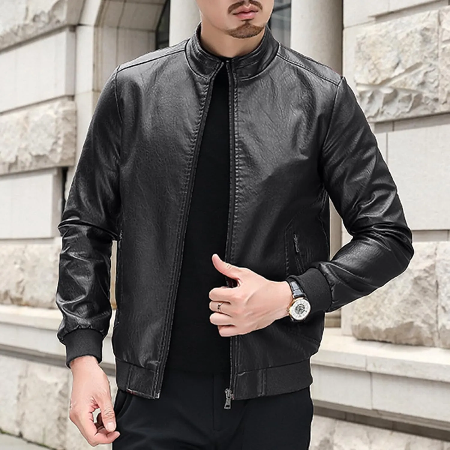 Mens Faux Leather Jacket Full-Zip Stand Collar Outerwear Lightweight Motorcycle Jacket