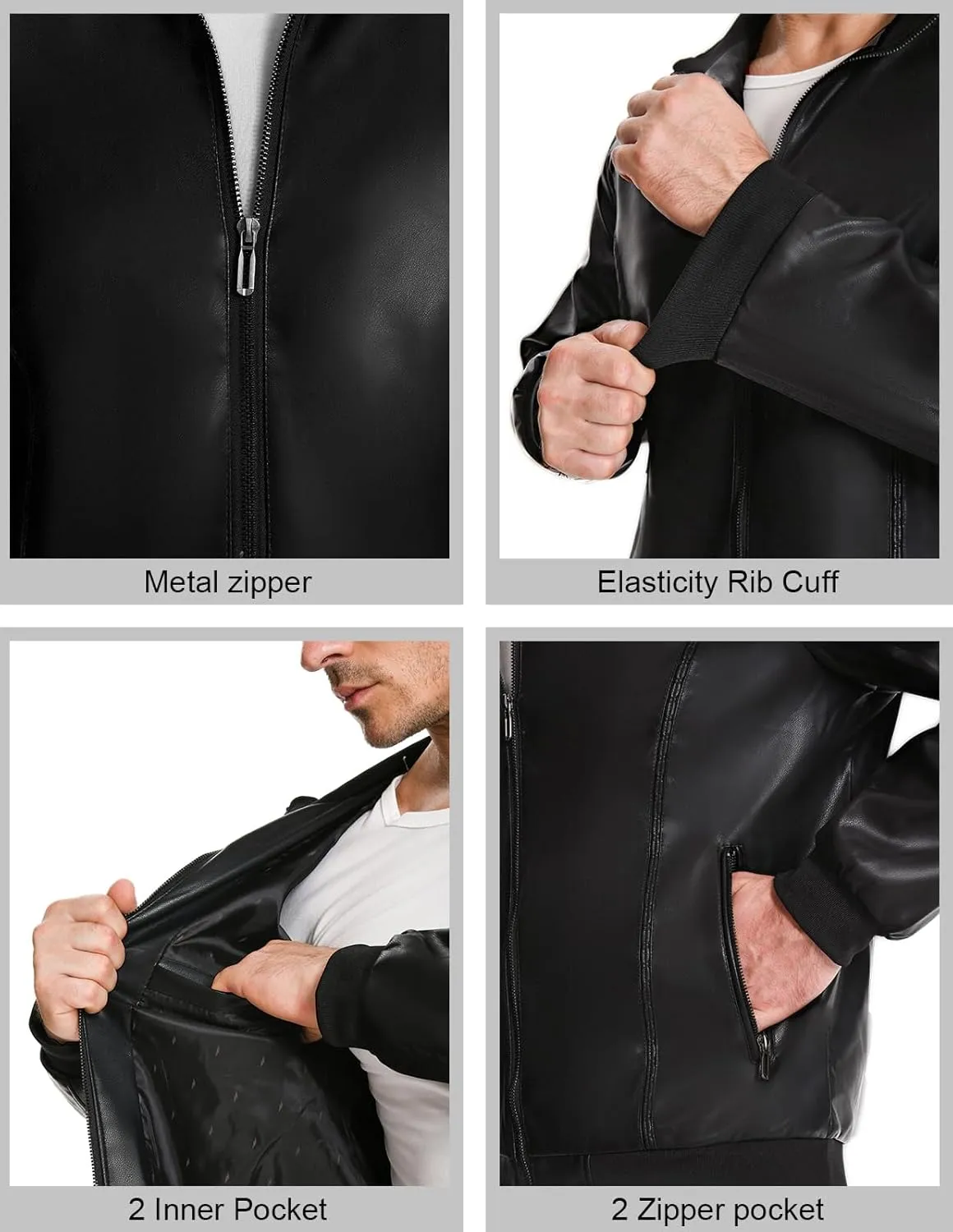 Mens Faux Leather Jacket Full-Zip Stand Collar Outerwear Lightweight Motorcycle Jacket
